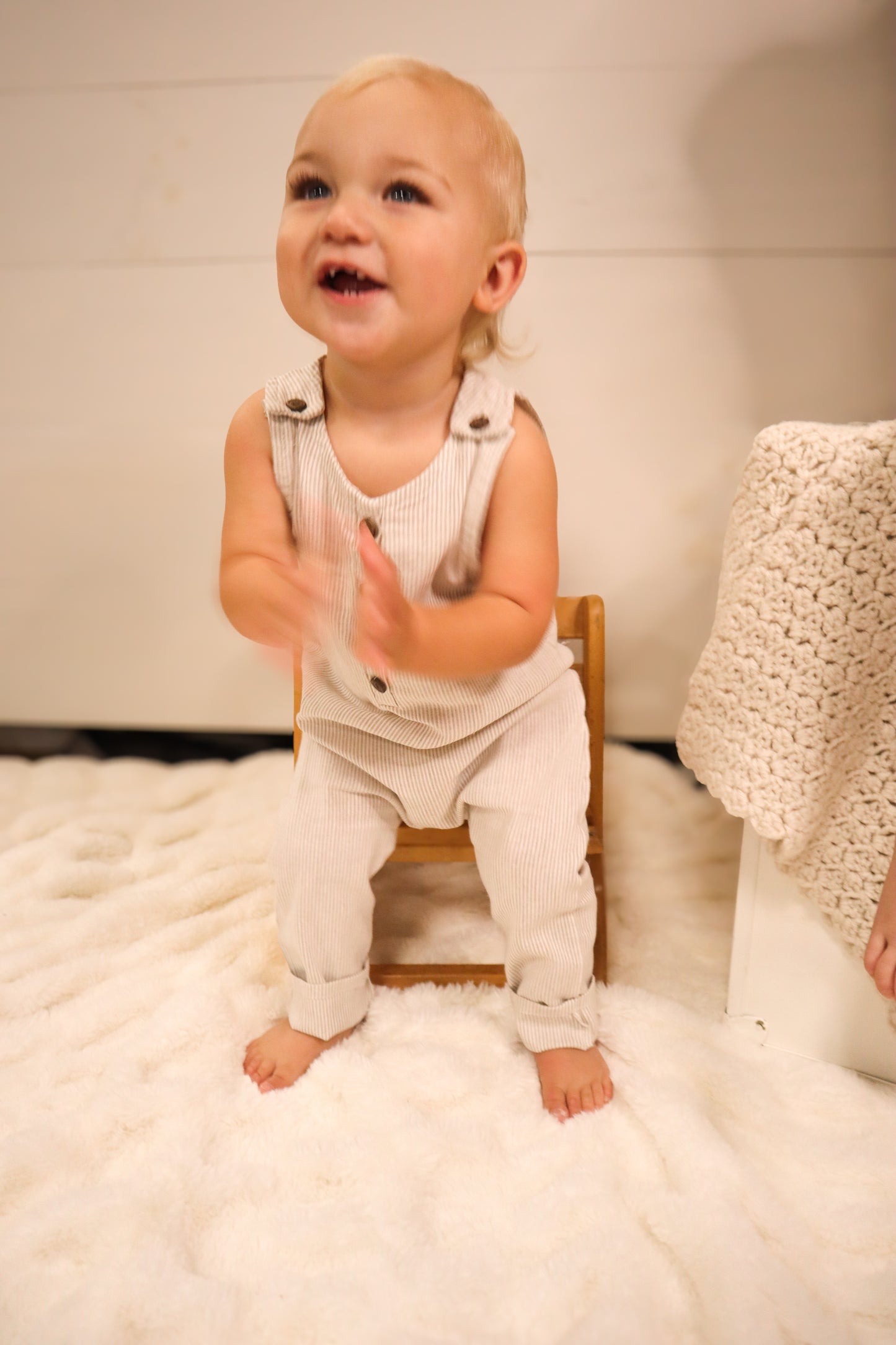 Toddler tan striped linen overalls with wooden buttons