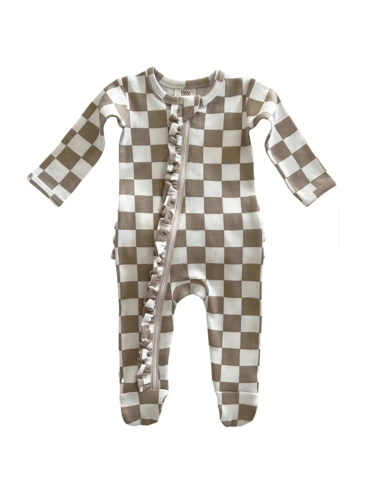 A baby footie with a checkerboard pattern and frill along the zipper.