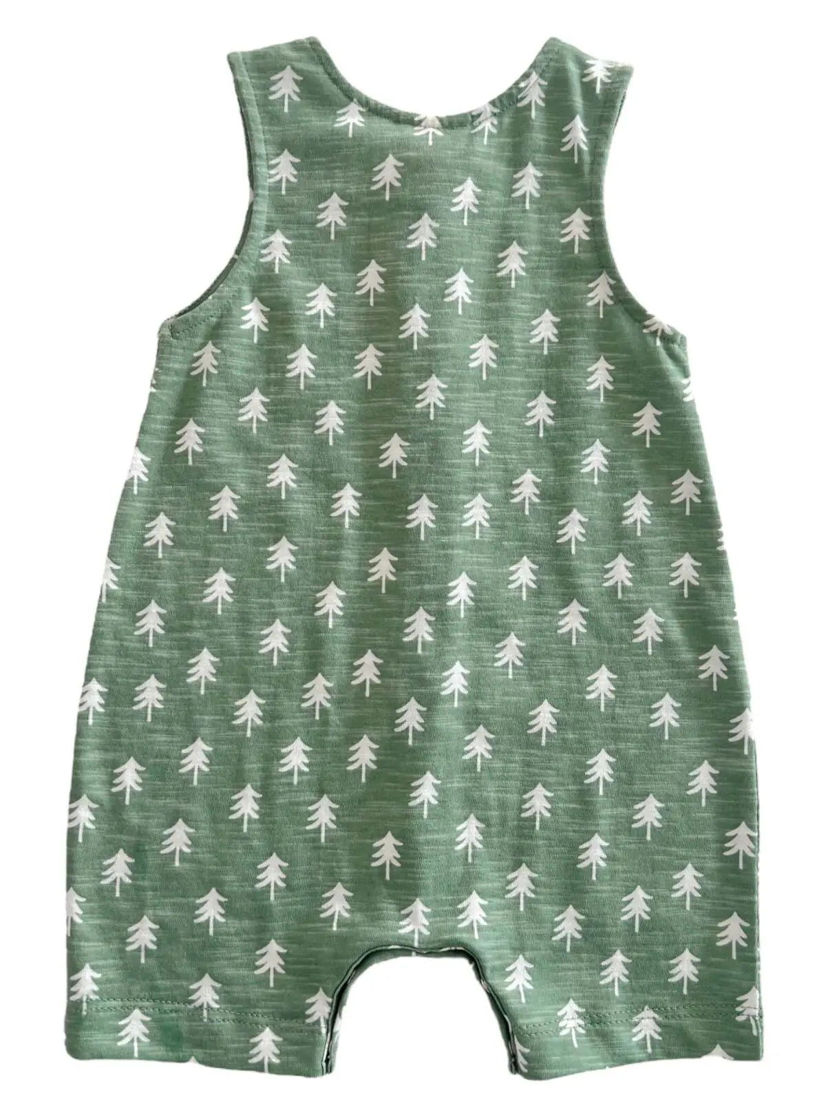 A green organic cotton shortie with a tree pattern for a 2-year-old child.