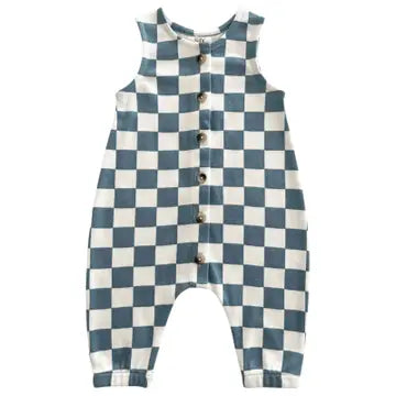 blue and white checkered romper