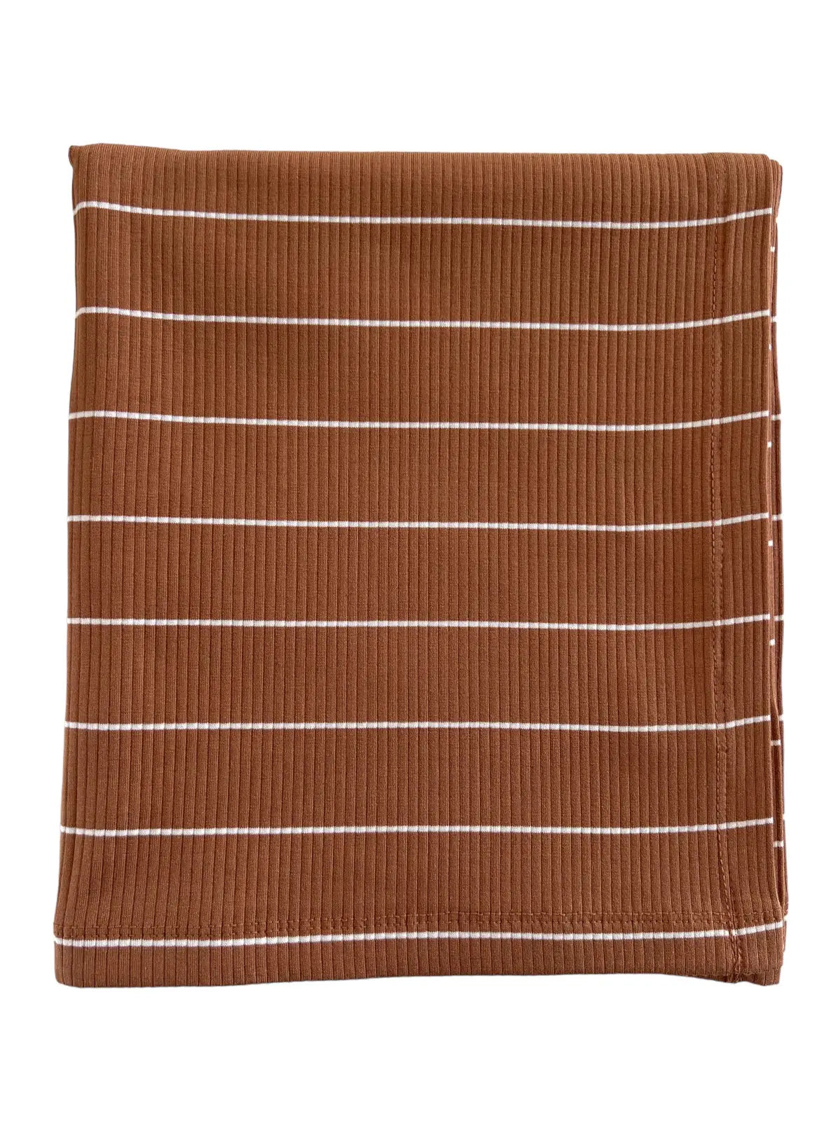 A brown swaddle blanket with white stripes, folded neatly.