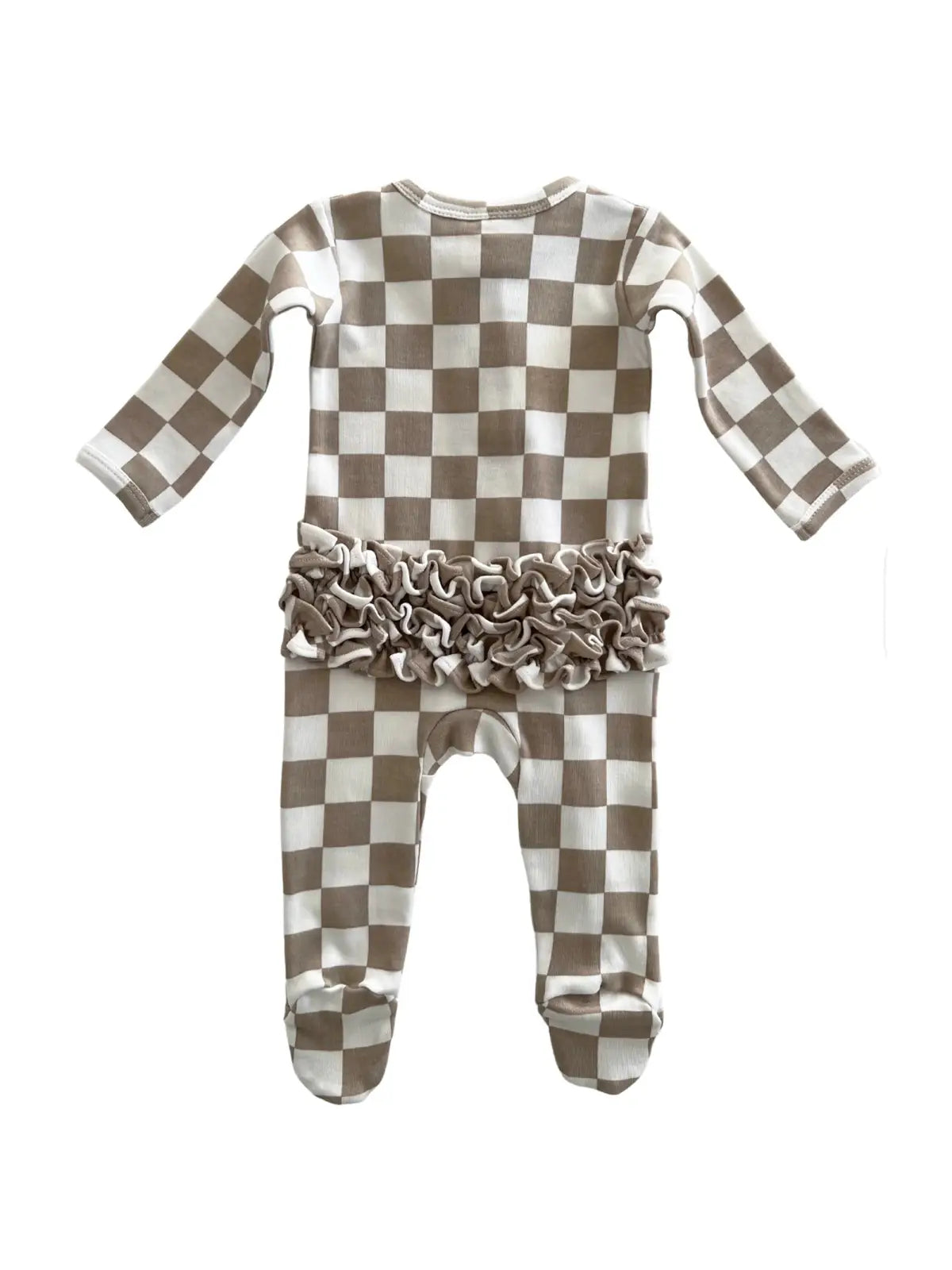 A baby footie with a checkerboard pattern and frill along the zipper.
