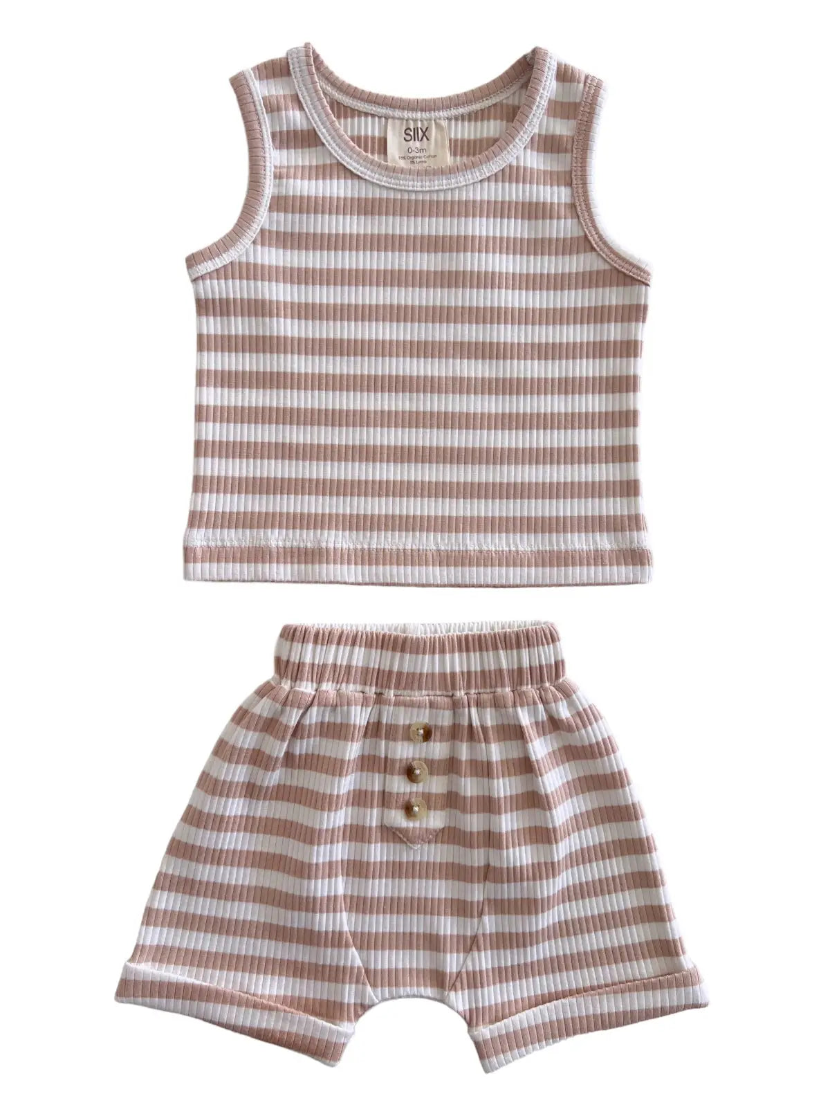 A set of children's clothing, consisting of a tank top and shorts in tan stripes, made of organic ribbed fabric.