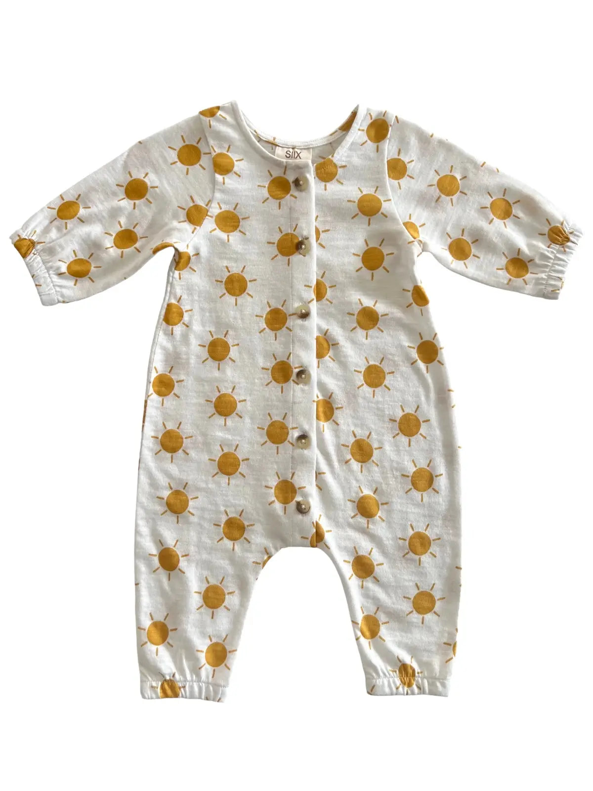 long sleeve jumpsuit with yellow sun patterns