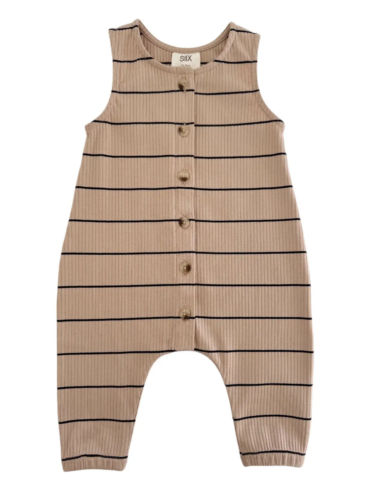 A tan and black striped organic ribbed bay jumpsuit for babies.