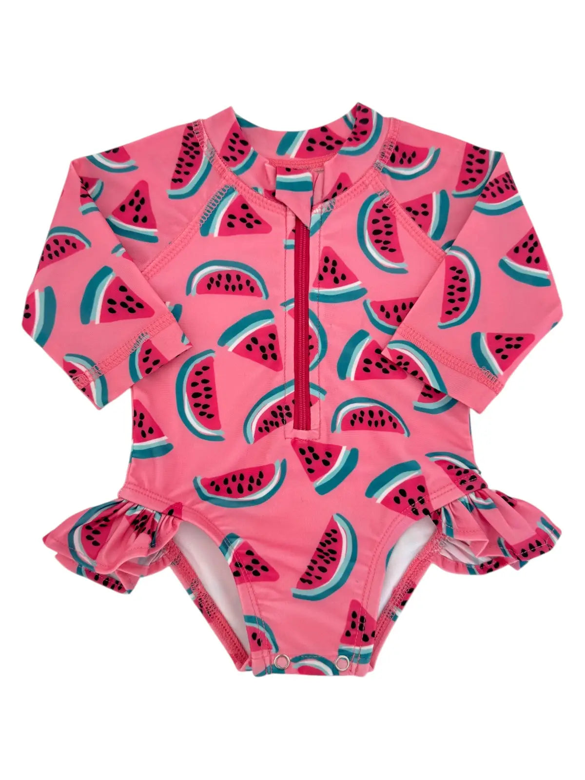Pink children's swimsuit with watermelon pattern on a white background