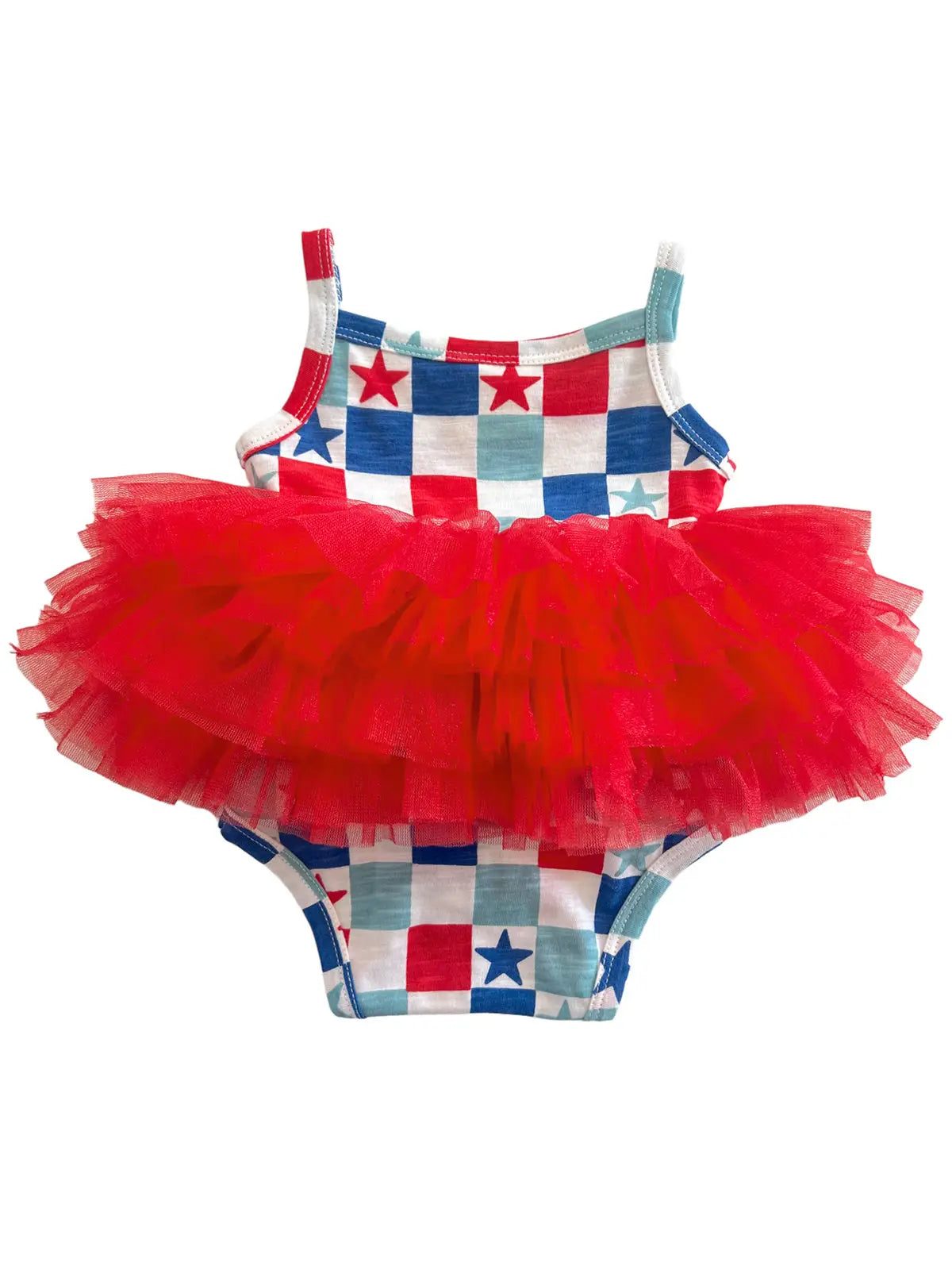 Children's swimsuit with red tutu and checkered pattern on a white background