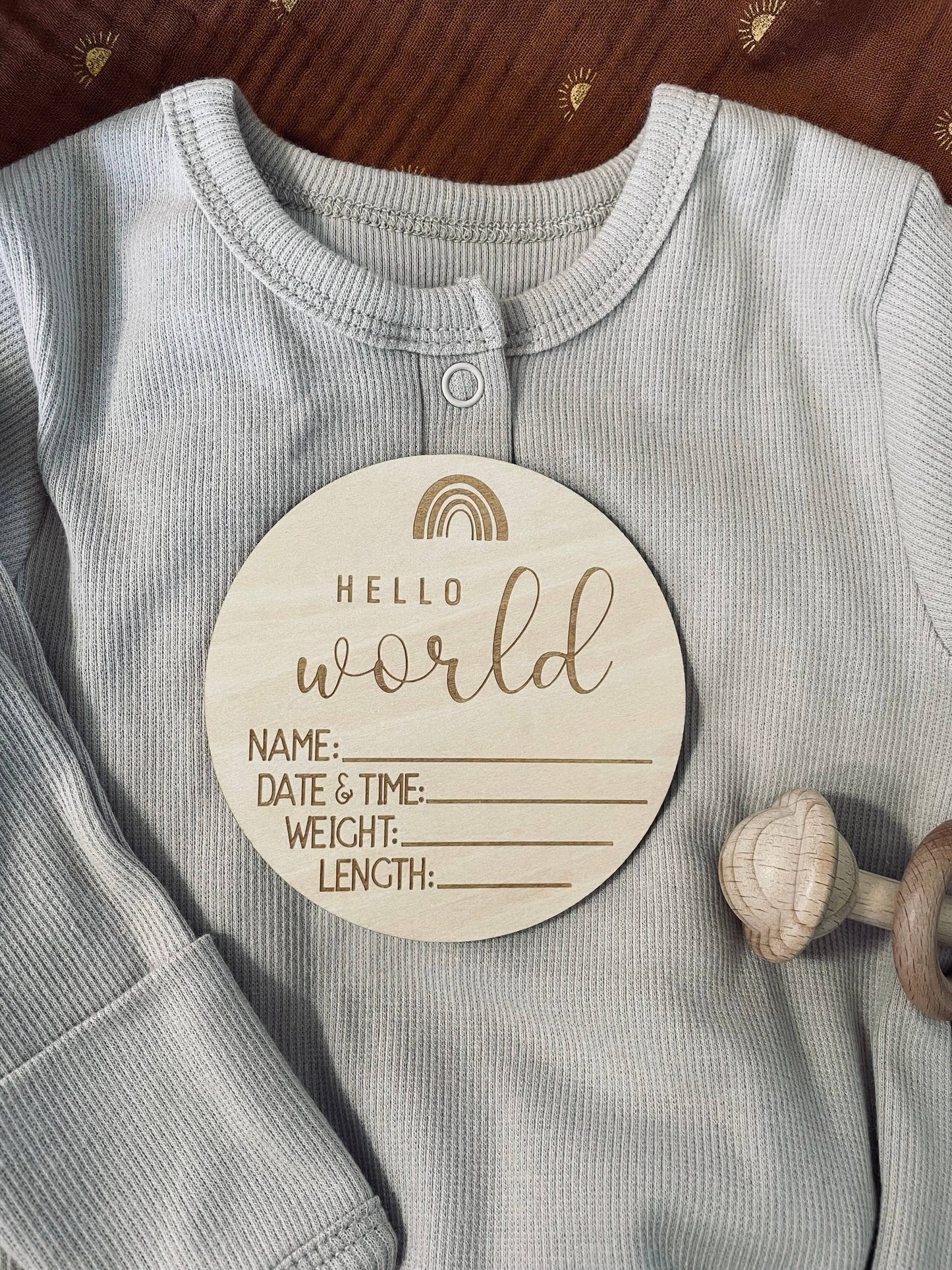 Newborn baby sign for birth announcement with Hello World message, perfect for introducing your child.