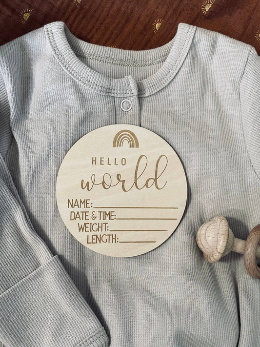 Newborn baby sign for birth announcement with Hello World message, perfect for introducing your child.