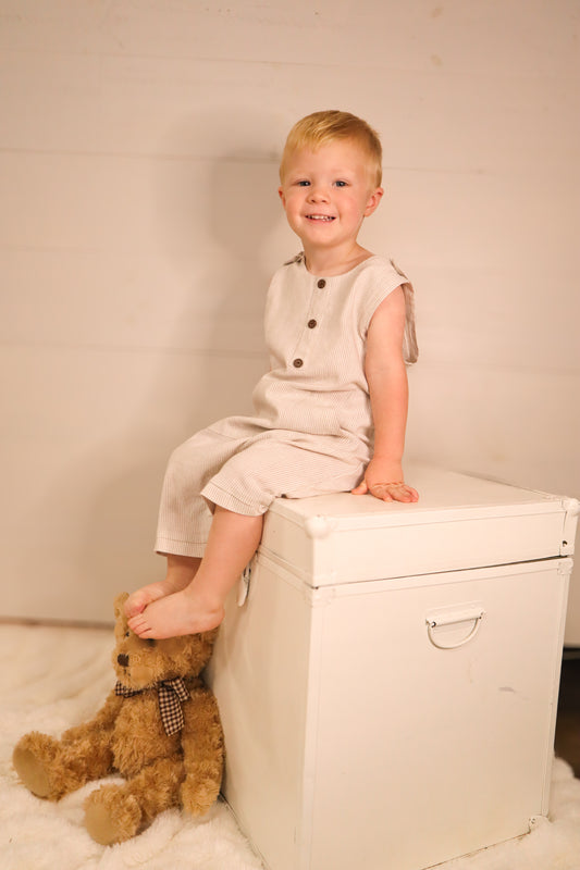 Linen overall Buttoned Jumper : Oat Stripe