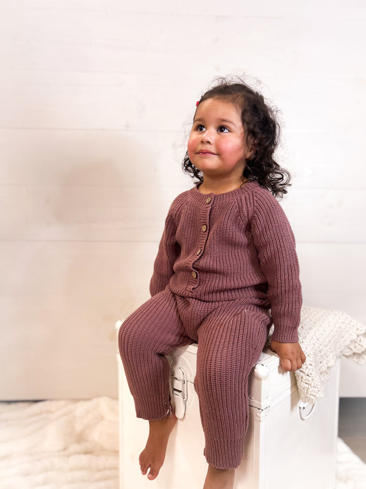 Baby Knit romper Button front Jumpsuit w/ zipper | Harper: Plum