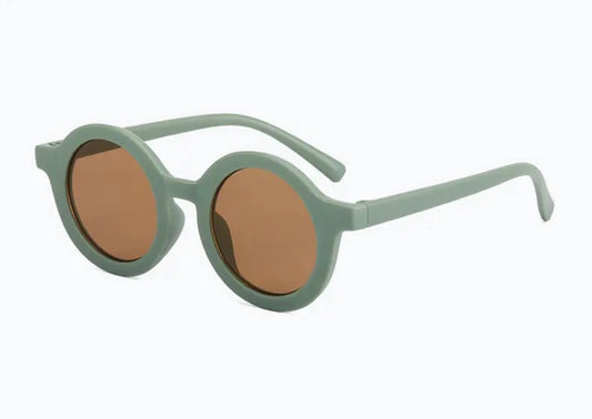 A pair of green retro style sunglasses designed for babies and toddlers with 400 UV protection.