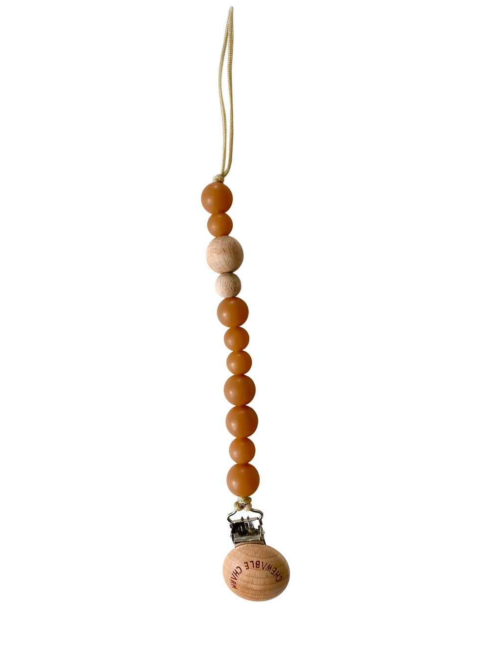 Food grade silicone pacifier clip with beechwood beads and stainless steel clip. 