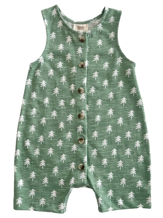 A green organic cotton shortie with a tree pattern and buttons down the front, labeled with the brand SIIX.