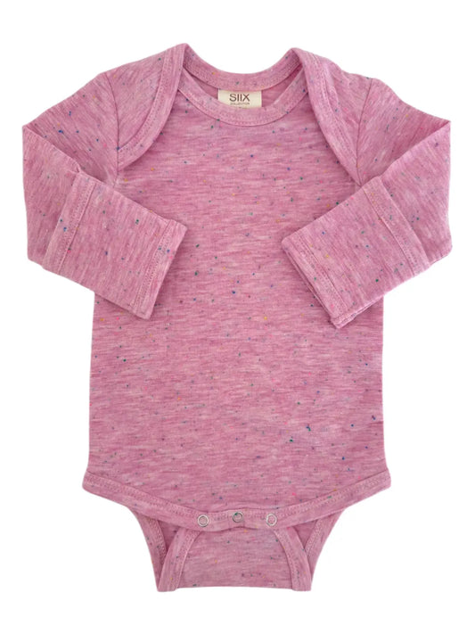 Pink baby bodysuit with long sleeves on a white background