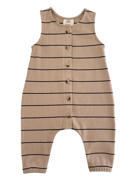 A tan and black striped organic ribbed bay jumpsuit for babies.